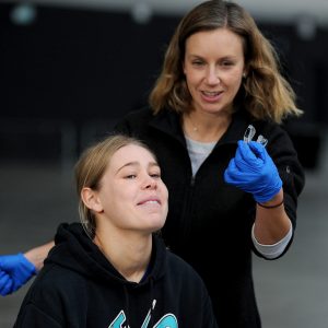 DUNEDIN, NEW ZEALAND - MAY 29: A Prevent Biometrics mouthguard is fitted during the Women's Rugby Day Head Impact Study Programme at Forsyth Barr Stadium on May 29, 2021 in Dunedin, New Zealand. (Photo by Joe Allison/World Rugby via Getty Images)