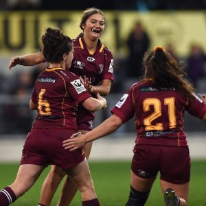 DUNEDIN, NEW ZEALAND - MAY 29: Alhambra Union players celebrate their win over Big River during the Women's Rugby Day Head Impact Study Programme at Forsyth Barr Stadium on May 29, 2021 in Dunedin, New Zealand. (Photo by Joe Allison/World Rugby via Getty Images)