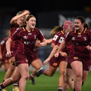 DUNEDIN, NEW ZEALAND - MAY 29: Alhambra Union players celebrate their win over Big River during the Women's Rugby Day Head Impact Study Programme at Forsyth Barr Stadium on May 29, 2021 in Dunedin, New Zealand. (Photo by Joe Allison/World Rugby via Getty Images)