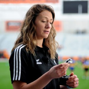 DUNEDIN, NEW ZEALAND - MAY 29: A researcher is interviewed during the Women's Rugby Day Head Impact Study Programme at Forsyth Barr Stadium on May 29, 2021 in Dunedin, New Zealand. (Photo by Joe Allison/World Rugby via Getty Images)