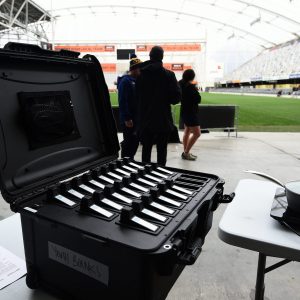 DUNEDIN, NEW ZEALAND - MAY 29: A Prevent Biometrics mouth guard storage box is observed by the mouth guard fitting station during the Women's Rugby Day Head Impact Study Programme at Forsyth Barr Stadium on May 29, 2021 in Dunedin, New Zealand. (Photo by Joe Allison/World Rugby via Getty Images)