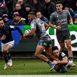 22 January 2022; Will Butt of Bath is tackled by Hugo Keenan of Leinster during the Heineken Champions Cup Pool A match between Bath and Leinster at The Recreation Ground in Bath, England. Photo by Harry Murphy/Sportsfile