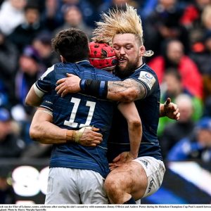 22 January 2022; Josh van der Flier of Leinster, centre, celebrates after scoring his side's second try with teammates Jimmy O'Brien and Andrew Porter during the Heineken Champions Cup Pool A match between Bath and Leinster at The Recreation Ground in Bath, England. Photo by Harry Murphy/Sportsfile