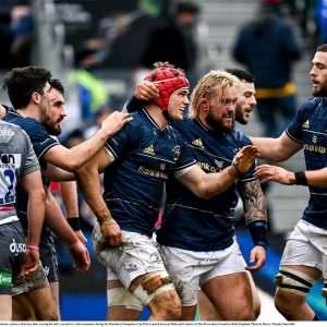 22 January 2022; Josh van der Flier of Leinster, centre, celebrates after scoring his side's second try with teammates during the Heineken Champions Cup Pool A match between Bath and Leinster at The Recreation Ground in Bath, England. Photo by Harry Murphy/Sportsfile