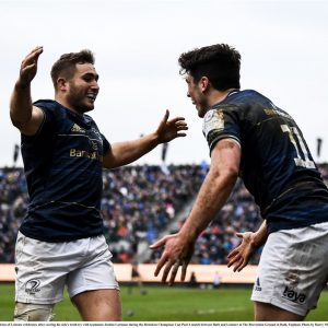 22 January 2022; Jimmy O'Brien of Leinster celebrates after scoring his side's tenth try with teammate Jordan Larmour during the Heineken Champions Cup Pool A match between Bath and Leinster at The Recreation Ground in Bath, England. Photo by Harry Murphy/Sportsfile